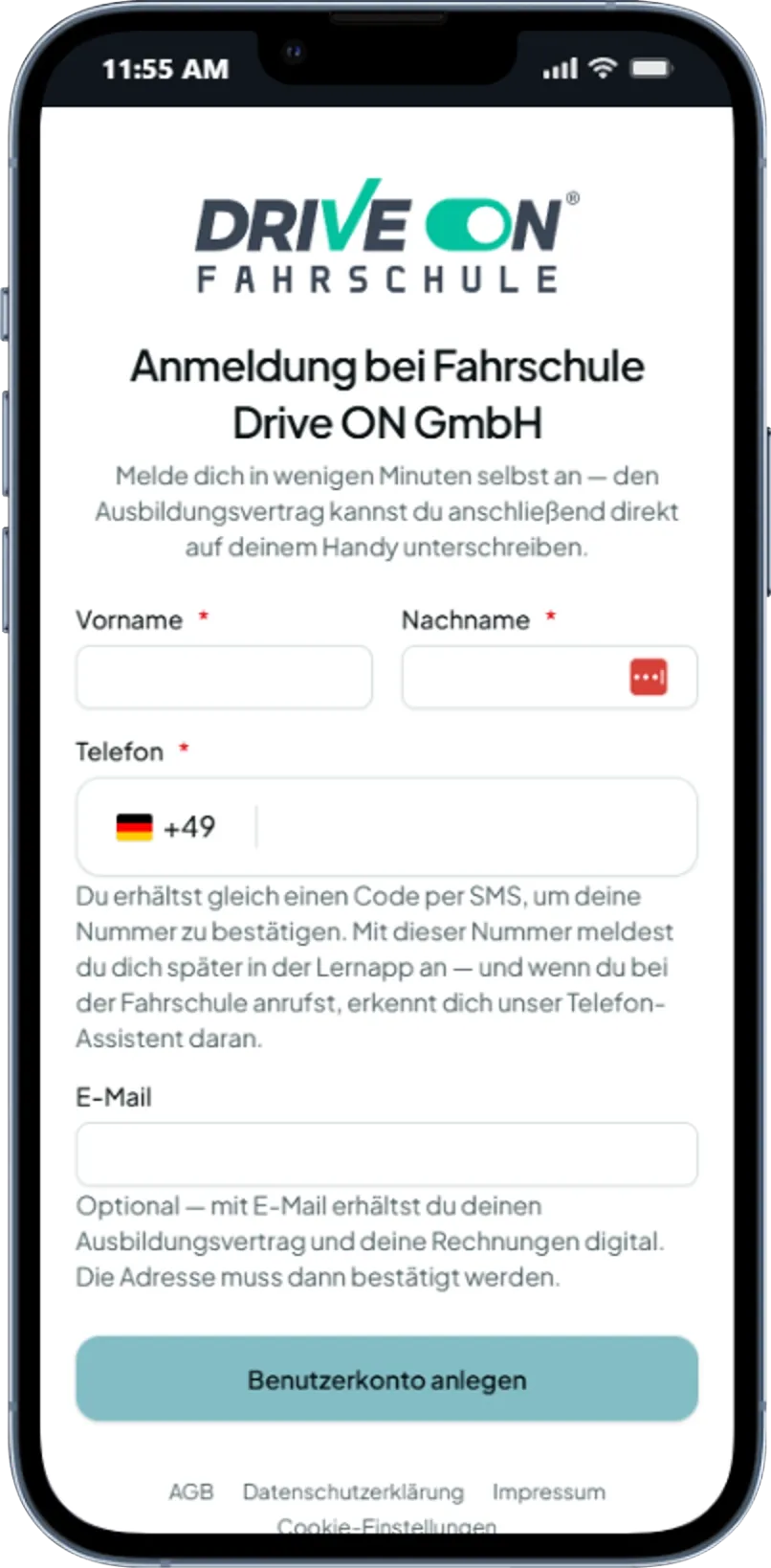 Anmeldeseite der Fahrschule: geführtes Formular mit Klasse, Kontaktdaten und Bestätigung der Handynummer.
