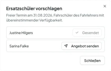 Ersatzschüler vorschlagen: Fahrschüler mit übereinstimmender Verfügbarkeit für einen frei gewordenen Termin.