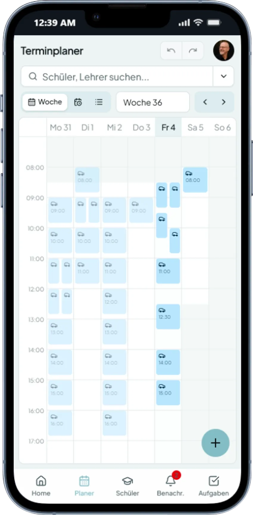 Fahrlehrer-App, Wochenansicht des Terminplaners.