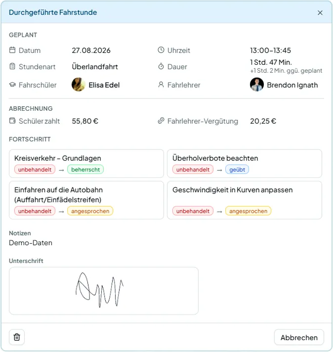 Durchgeführte Fahrstunde: Fortschritt je Fahraufgabe und digitale Unterschrift des Fahrschülers.