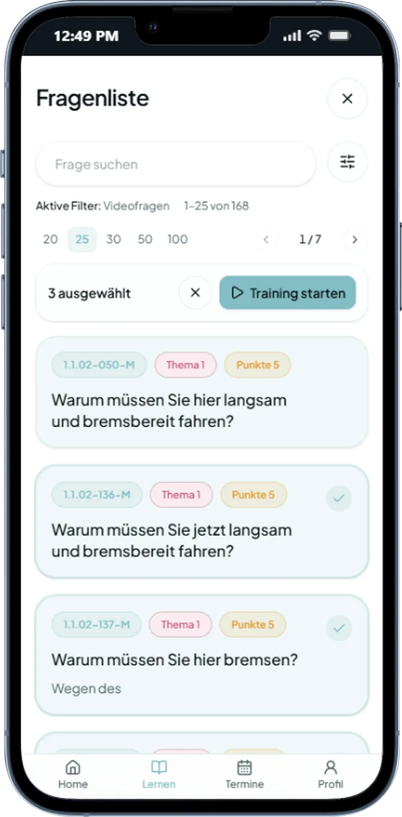 Fragenfilter nach Lernstand, Thema, Fragentyp, Klasse und mehr