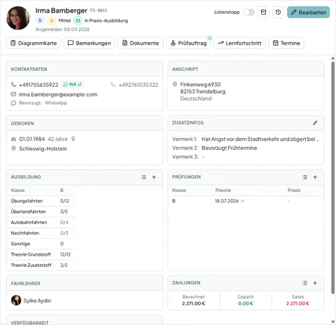 Schülerakte mit Ausbildungsstand und Prüfungen